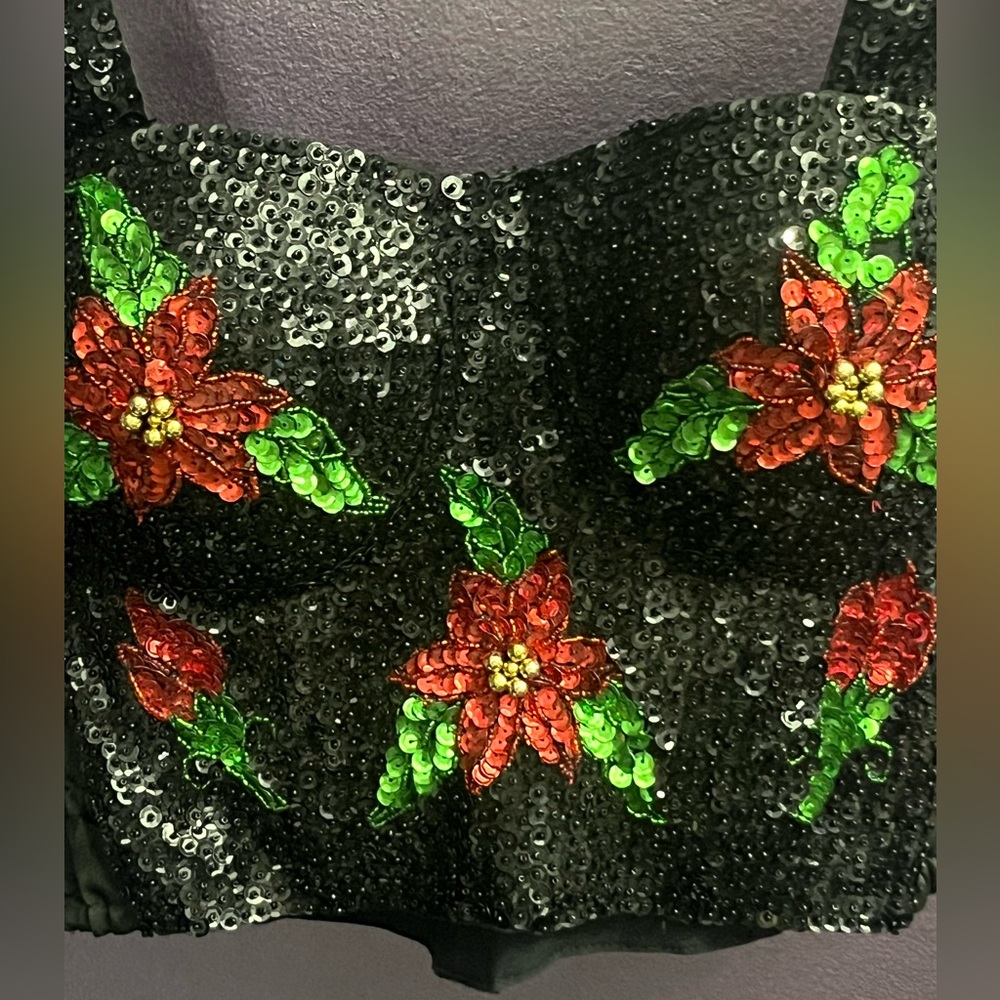 Red roses Gold black green sequin bra bustier halter crop top vintage 90s